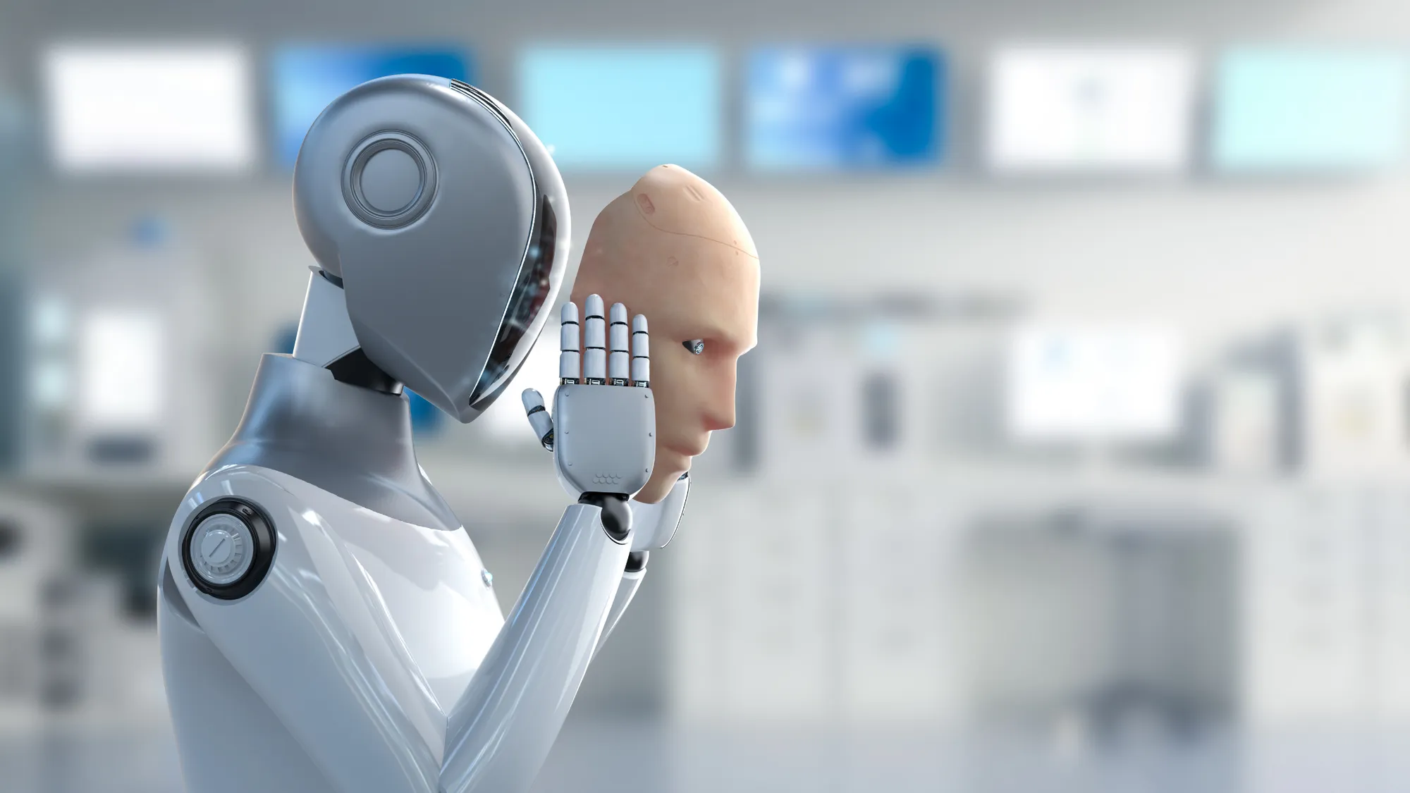 A humanoid robot wearing a realistic human mask, representing an AI-powered digital human used for virtual interaction.